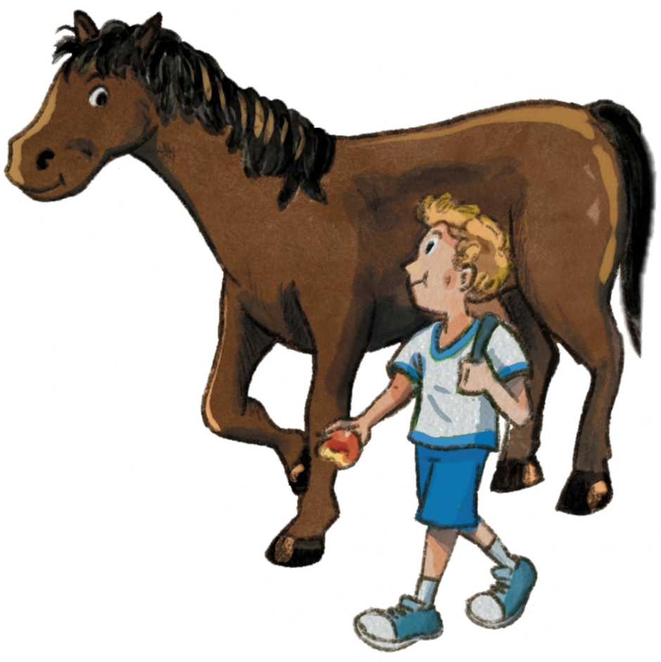 Ilustração da capa: o cavalo marrom e o menino caminham lado a lado