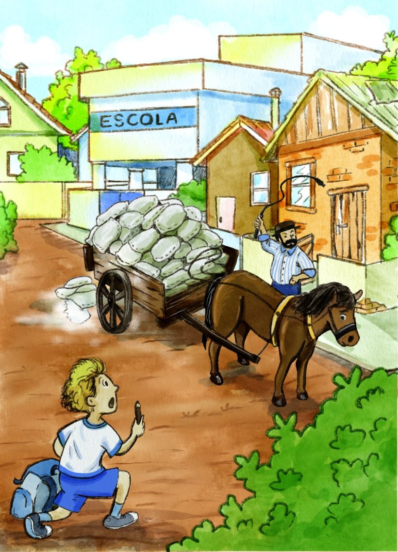 Ilustração: o menino, de mochila caída, vê o cavalo preso à carroça diante da escola