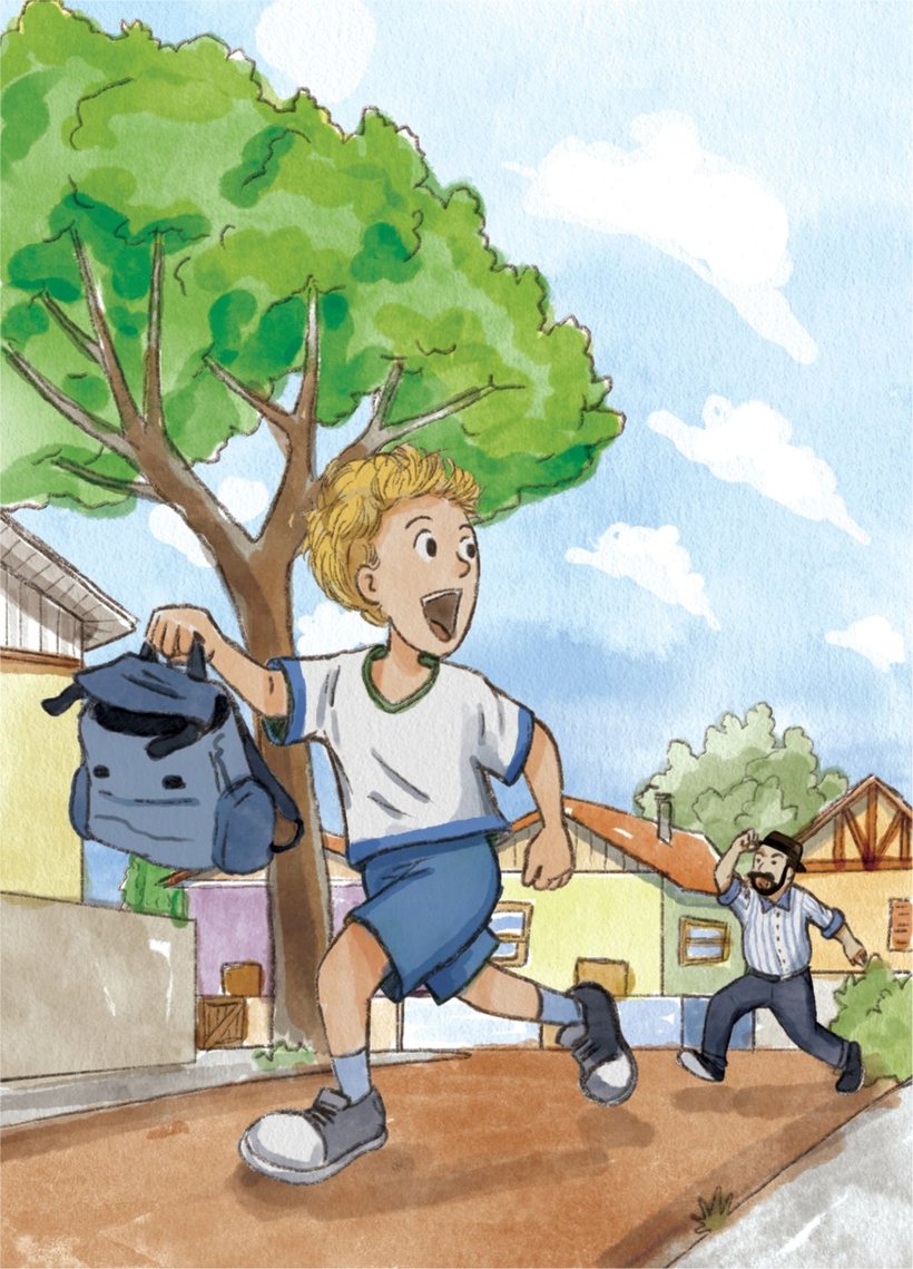 Ilustração: o menino corre pela rua com a mochila, perseguido pelo dono da carroça