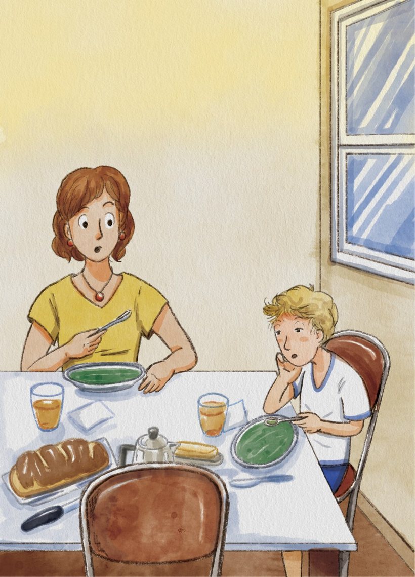 Ilustração: o menino janta com a mãe na cozinha, pensativo