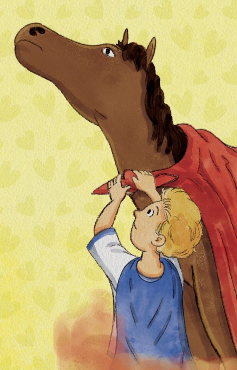 Ilustração da orelha do livro: o menino amarra uma capa vermelha no pescoço do cavalo